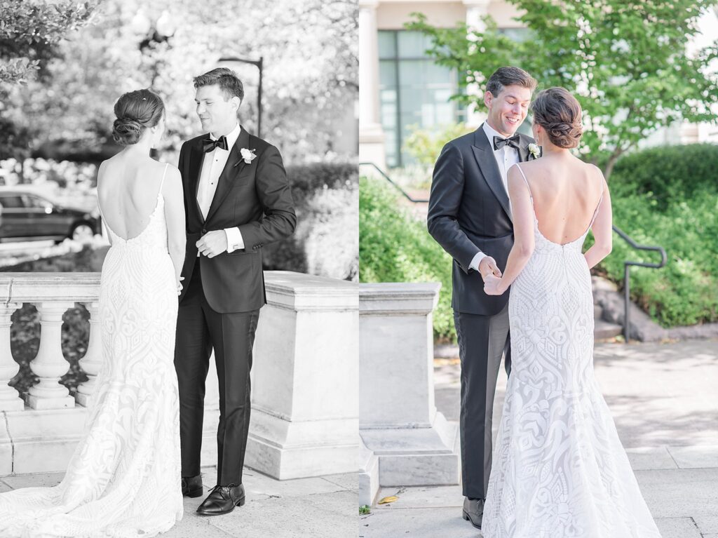 Couples Portraits taken in Washington DC. Black and white and color image side by side. Photo taken by Dripping Springs TX based Lydia Teague Photography 