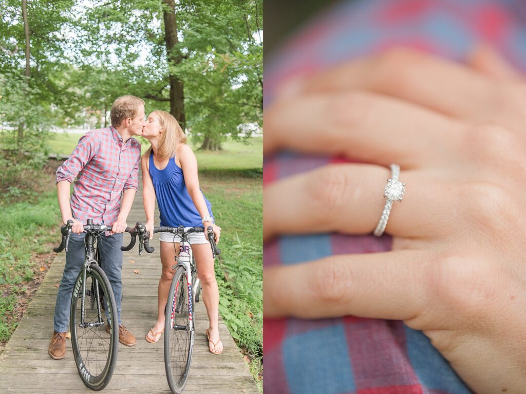 Couple kissing while on a bike ride and a beautiful engagement ring