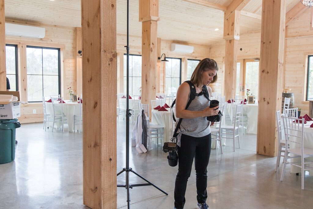 Loudoun County Photographer Behind the Scenes Setting up indoor lighting for The Barn at Willow Brook