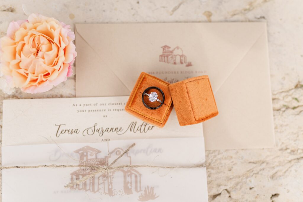 Burnt Orange and Peach Details for Elopement at Chapel Dulcinea. Photo taken by Dripping Springs based Wedding Photographer Lydia Teague. 