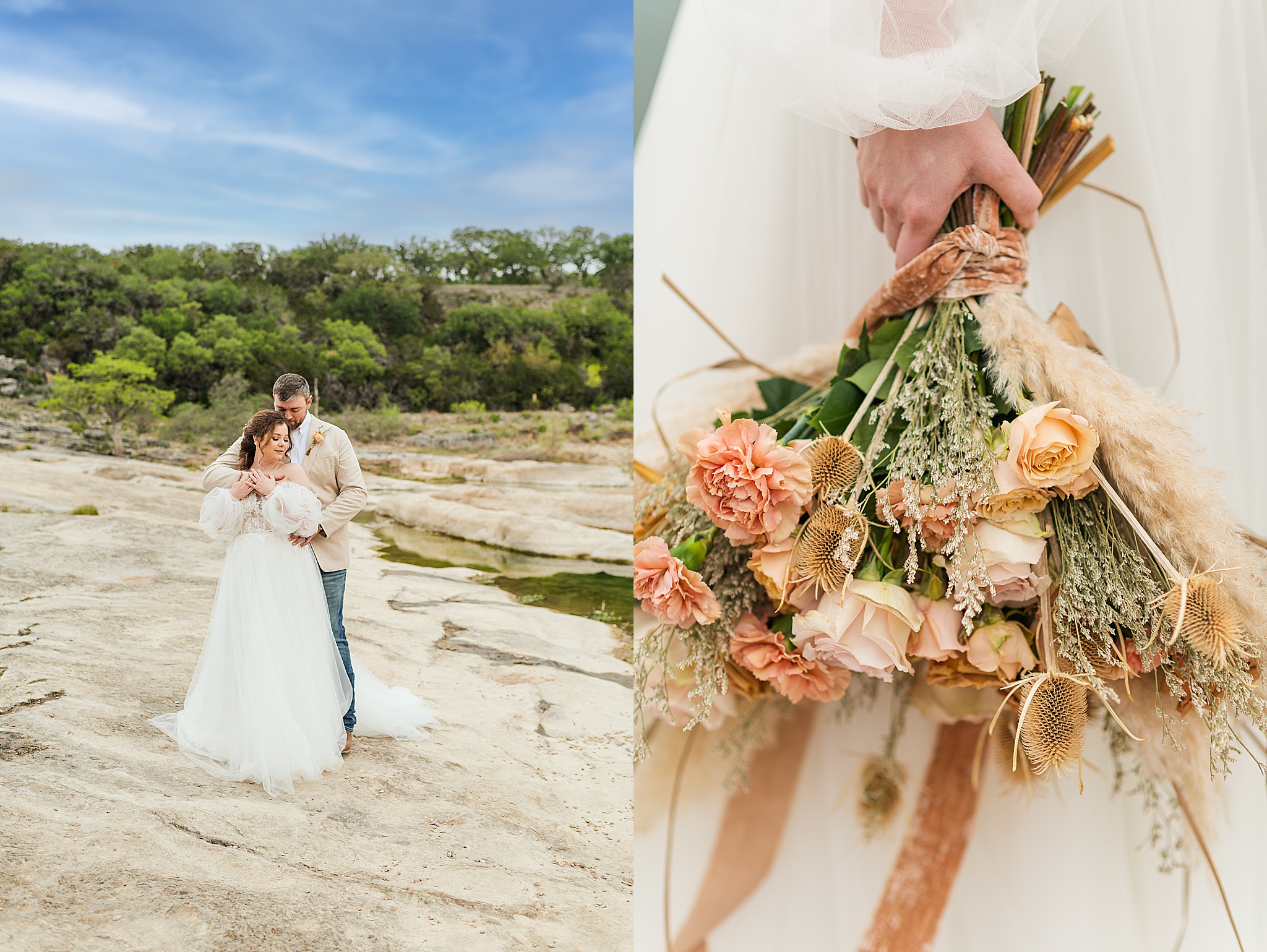 Cream and peach colored bridal bouquet. Bride and Groom standing on the cream colored limestone at Pedernales Falls. Photographed by Dripping Springs based Lydia Teague Photography