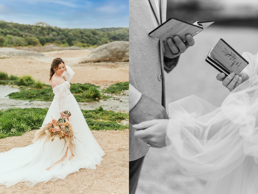 Bridal Portraits at Pedernales Falls State Park. A Bride and Groom holding hands while reading their wedding vows from custom wooden backed booklets.