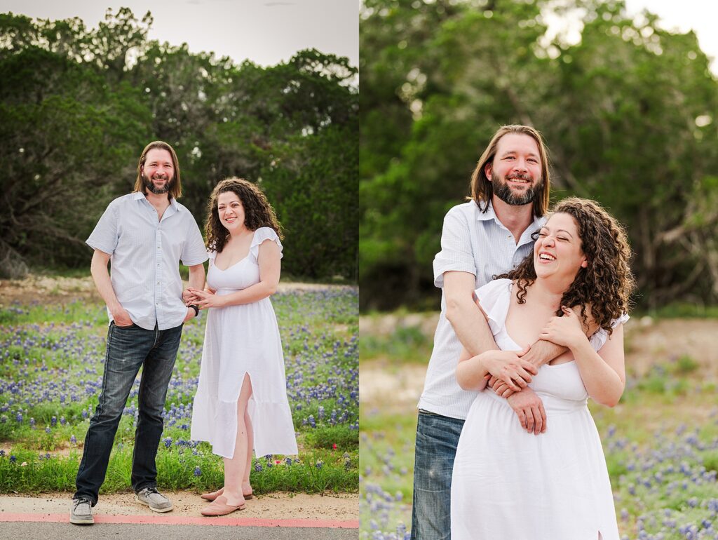 Two different poses of an engaged couple during their engagement session with the bluebonnets. Dripping Springs Engagement Photographer Lydia Teague.