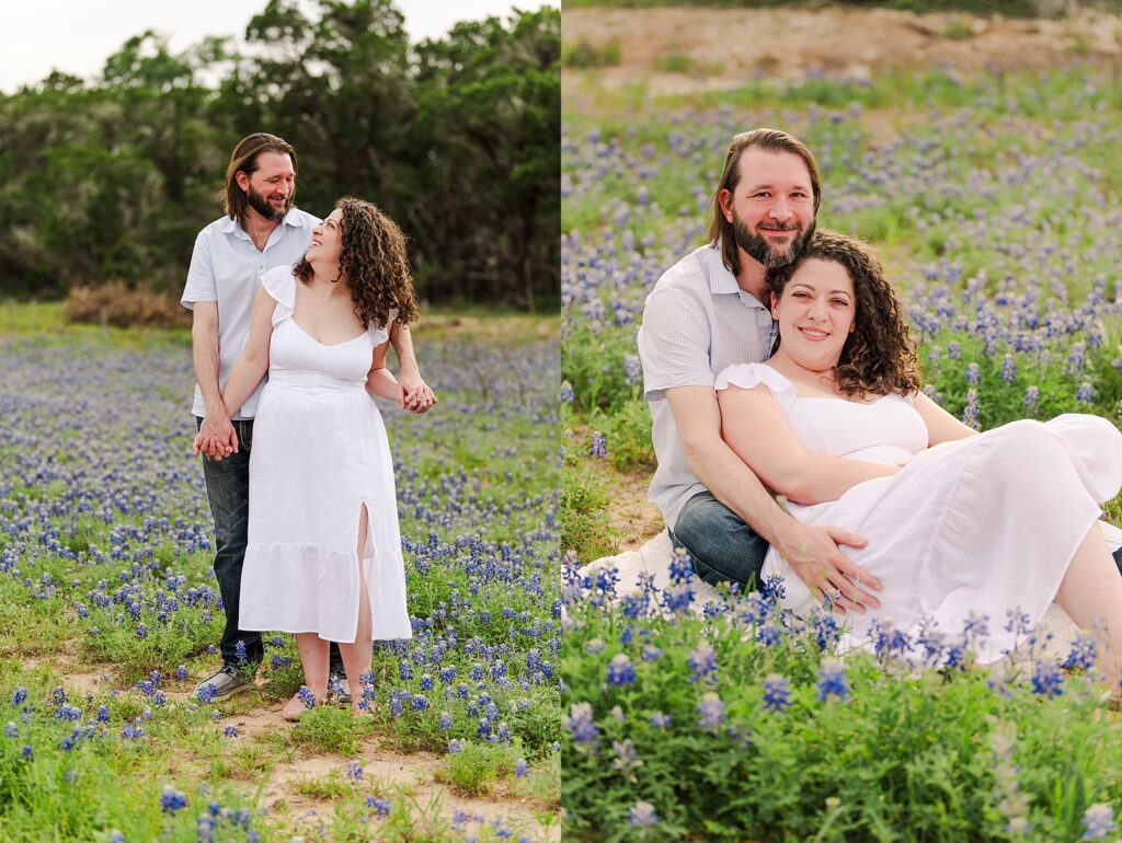 2 different poses of an engaged couple at their Bluebonnet Engagement Session. One is sitting and the other photo is of them standing. Dripping Springs Engagement Photographer Lydia Teague