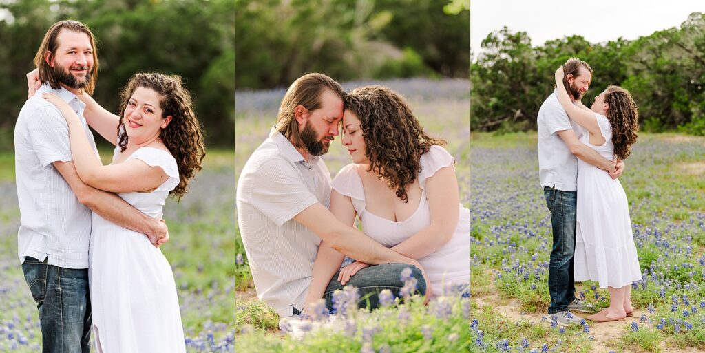 3 different images of an engaged couple in a field of bluebonnets. Dripping Springs Engagement Photographer Lydia Teague