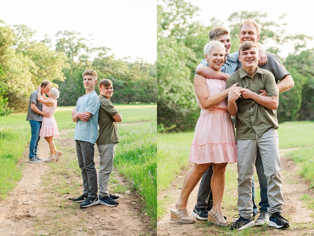 Image on the left is a photo of the 2  teen boys in the foreground with their arms crossed while the parents are embracing each other and kissing in the background.  On the right is an image of the same family having a tickle fight and laughing. Family Photographer in Dripping Springs/Austin