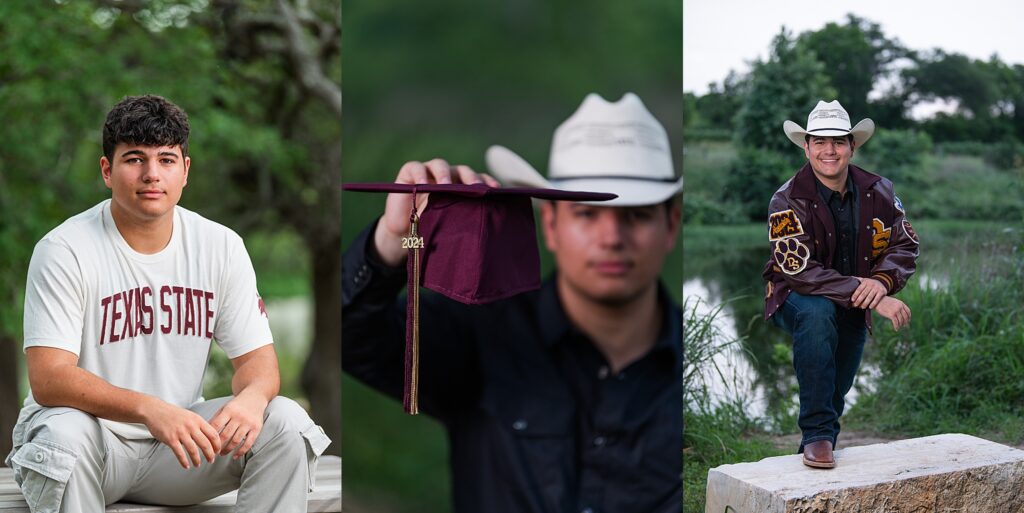 Three separate images. On the left a Senior wearing a Texas State t-shirt leaning forward on with his elbows on his knees. Middle photo is a senior with cowboy hat holding his 2024 tassel with the focus on the tassel. The right side has a senior with boots, jeans, hat, and letter jacket with his foot on a large stone bench. What to bring to my Senior Portraits. 