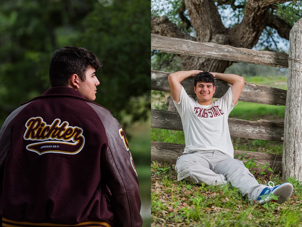 Two side by side photos of the same senior boy. The one on the left is photo of him wearing his Letter Jacket and looking over his right shoulder. The photo on the right shows him lounging with his arms behind his head and leaning on an old white wooden fence, wearing a Texas State T-Shirt.  What to bring to my senior portraits?