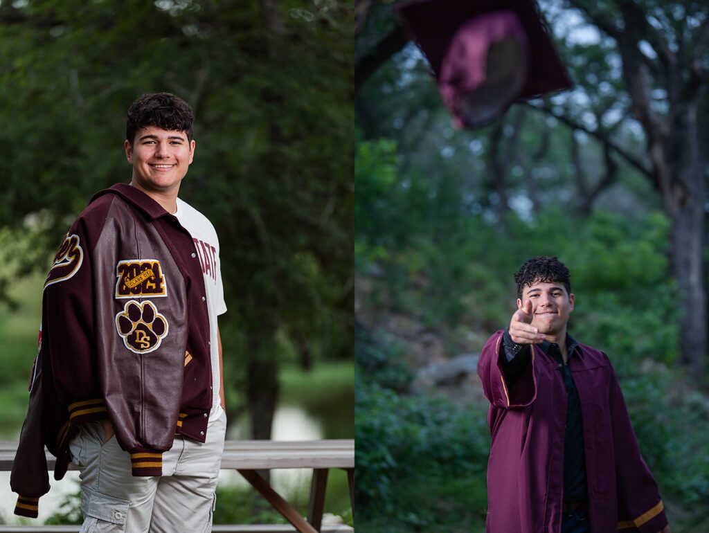 Two images of the same senior boy. Left side he's standing and wearing his letter jacket so it highlights the patches on his sleeve. The right image shows a senior wearing his cap and gown, tossing his cap at the camera. What to bring to my senior portraits?