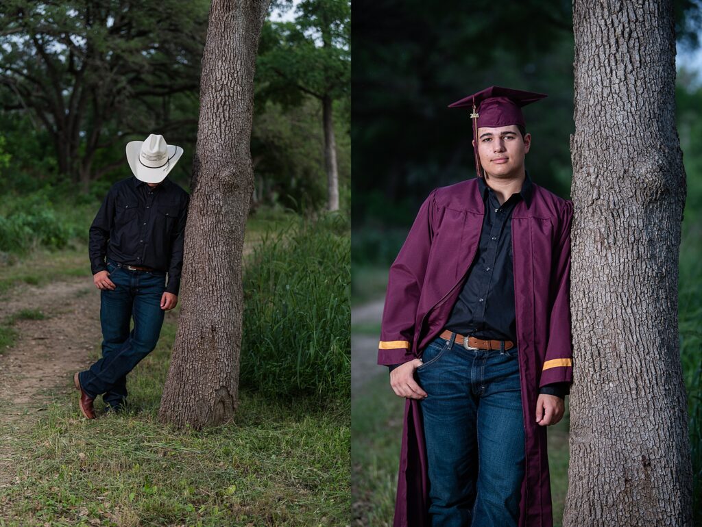 Class of 2024 Senior wearing boots and jeans and his cap and gown. What to bring to my senior portraits?
