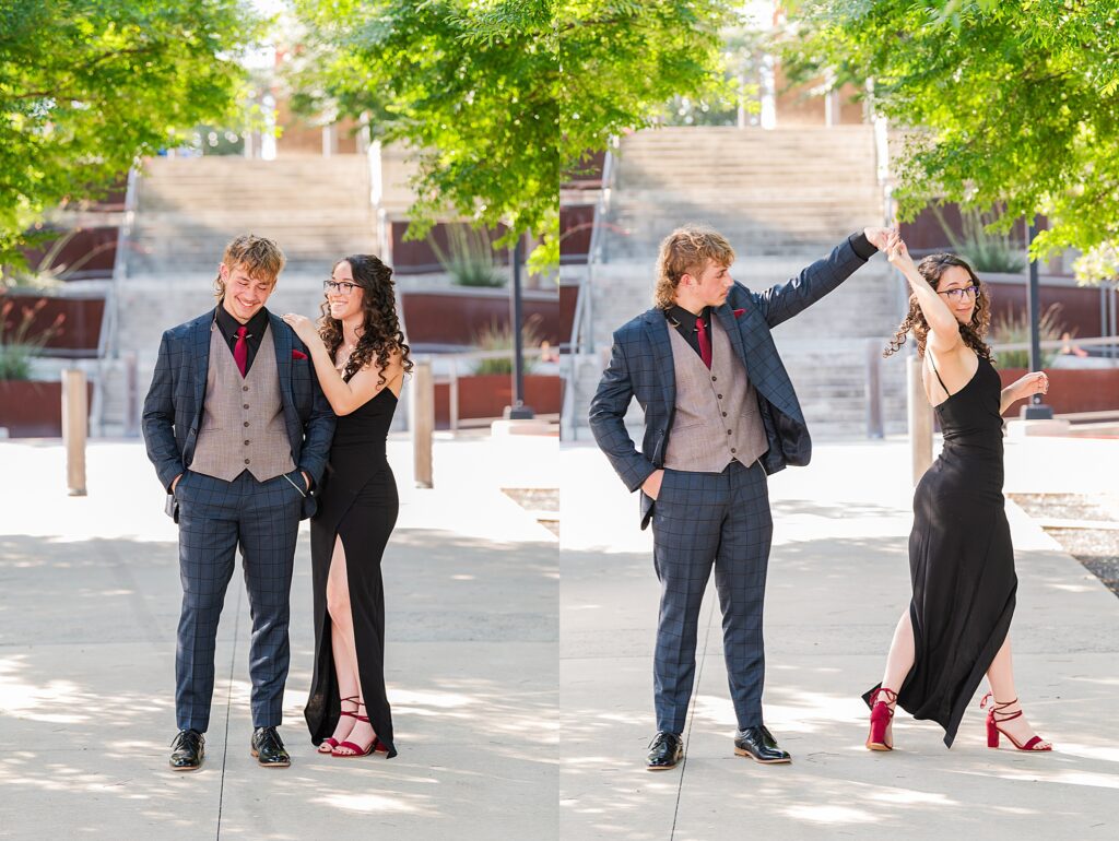 2 High School Juniors dressed for Prom in Navy Blue, Black and Red.  Prom Portraits.