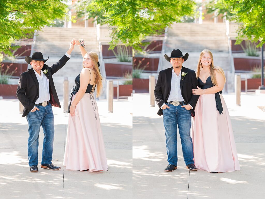 Two High school students dressed for Prom in a Cowboy Tuxedo and she's wearing a black and pink dress. Prom Portraits
