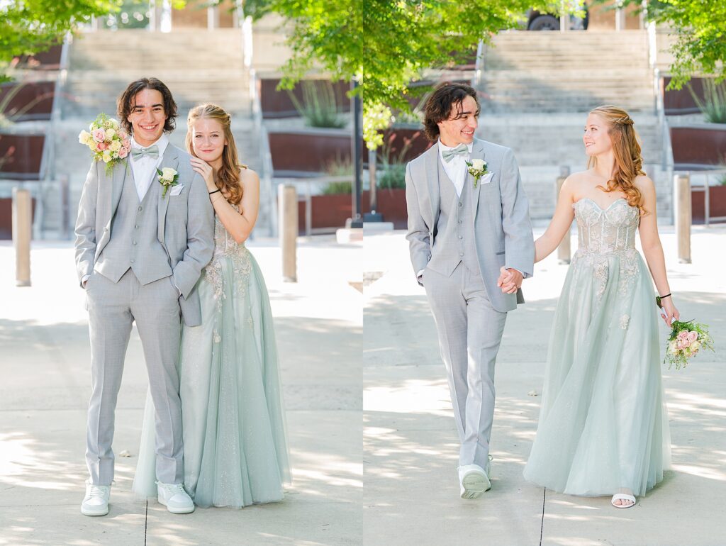 Two Juniors dressed for prom in light gray and light sage green. Prom Portraits
