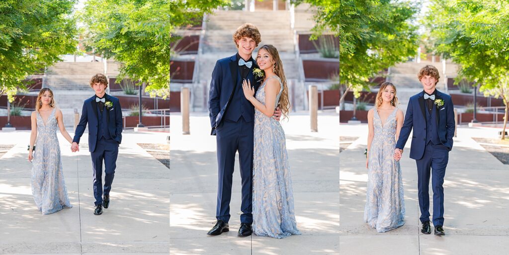 High School Juniors dressed for prom in baby blue and midnight blue. Prom Portraits