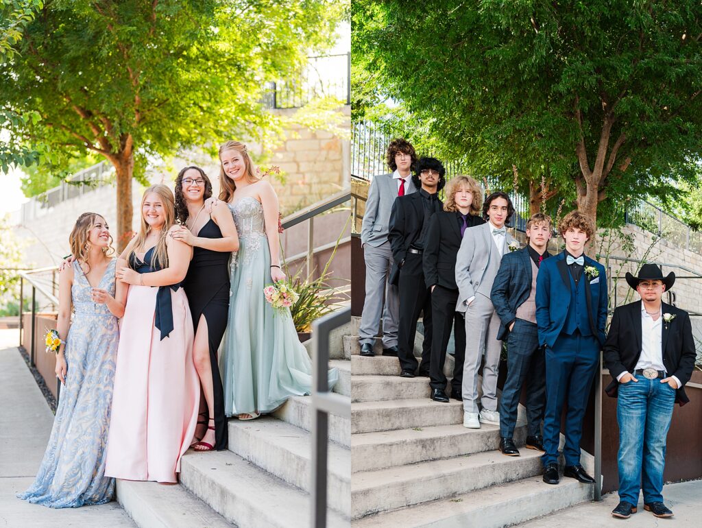 High school students dressed for prom are standing on stairs getting ready for their portraits. Prom Portraits
