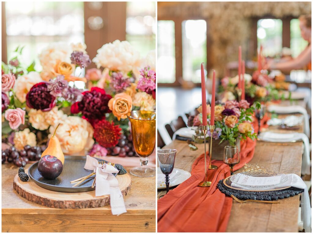 Cream, Peach, and Red floral centerpiece on a rustic wooden table. 