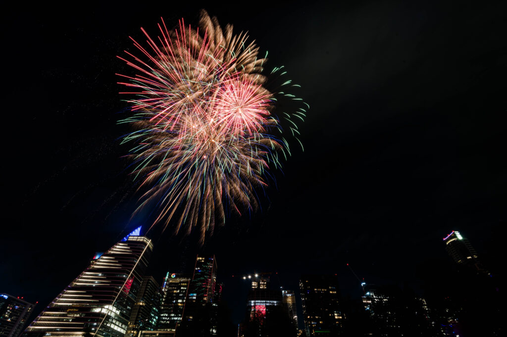 Timelapse Fireworks over the Austin Skyline 2024 viewed from Auditorium Shores.