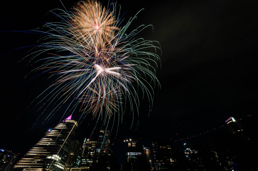 Timelapse Fireworks over the Austin Skyline 2024 viewed from Auditorium Shores.