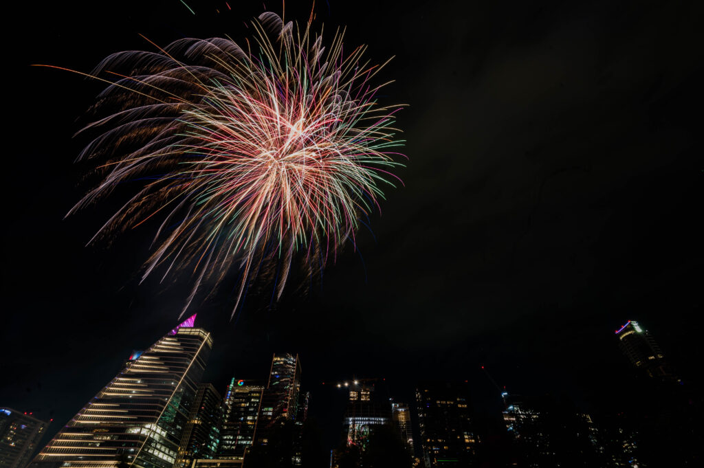 Timelapse Fireworks over the Austin Skyline 2024 viewed from Auditorium Shores.