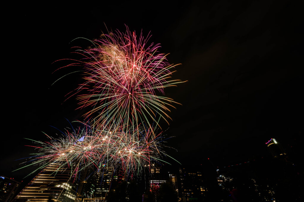 Timelapse Fireworks over the Austin Skyline 2024 viewed from Auditorium Shores.