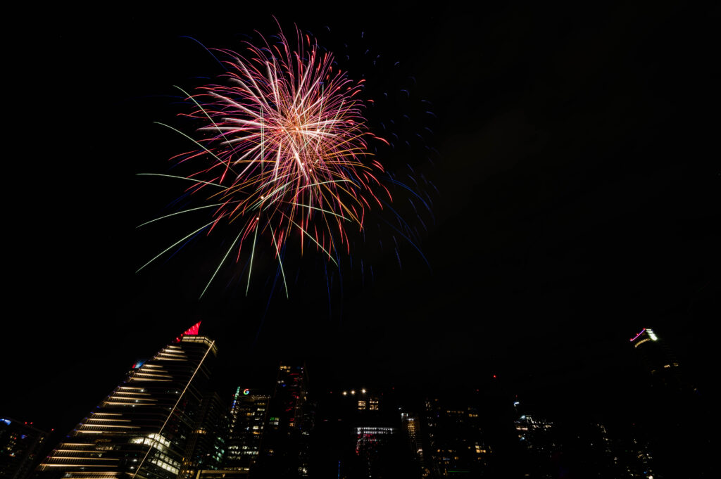 Timelapse Fireworks over the Austin Skyline 2024 viewed from Auditorium Shores.