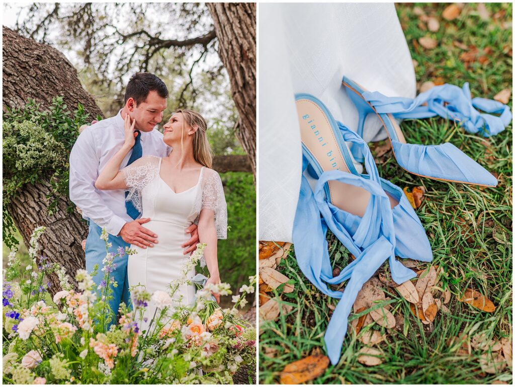 Bride and Groom kissing surrounded by Live Oaks and whimsical flowers. Something blue shoes. Photo taken by Dripping Springs Tx based Lydia Teague Photography. 