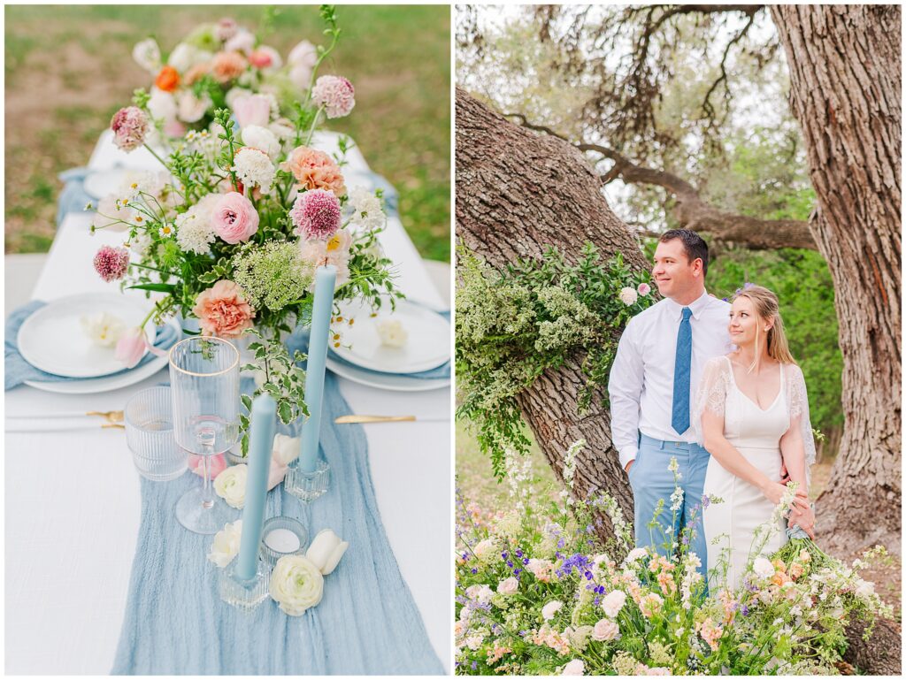 Whimsical florals and a pop of Something Blue under the live oak trees in the Texas Hill Country. Photo taken by Dripping Springs TX based Lydia Teague Photography. 