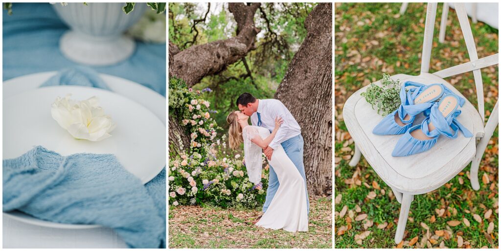 Wedding under the Live Oaks in the Texas Hill Country with pops of something blue.  Photo taken by Dripping Springs Tx based Lydia Teague Photography. 