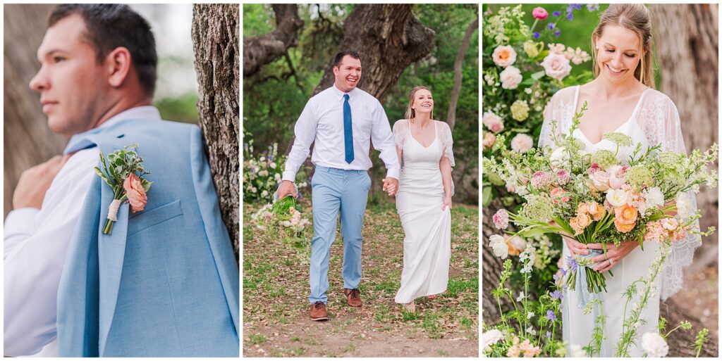 The groom wearing the something blue suit pairs well with the pastel bouquet of orange, peach, and pink flowers.  Photo taken by Dripping Springs TX based Lydia Teague Photography. 