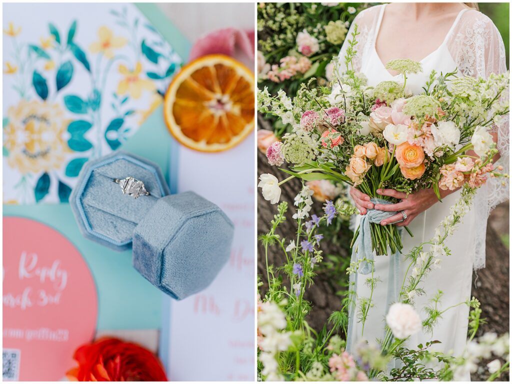 A wild whimsical bridal bouquet in pastel orange, pink, and peach, paired with a pastel blue accent with the choice of invitation. Photo taken by Dripping Springs Wedding Photographer Lydia Teague. 