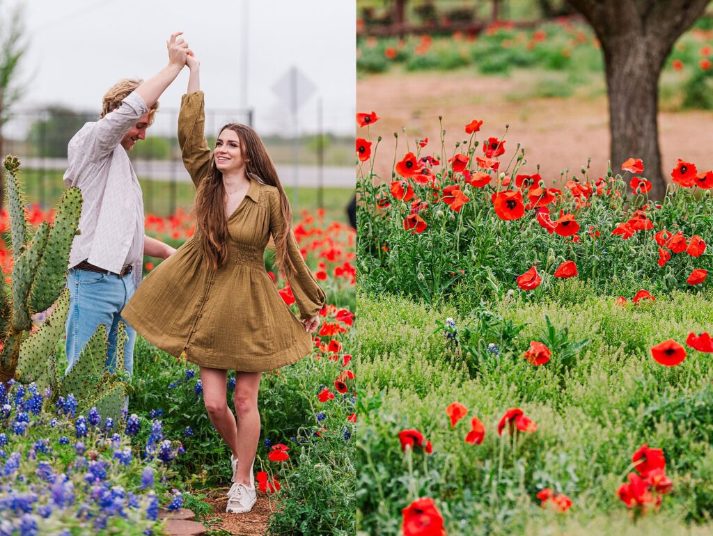 Blooming Red Poppies and Bluebonnets under a bride to be that's twirling in the rain during her engagement session. Photo taken by Dripping Springs Texas based Lydia Teague Photography. 