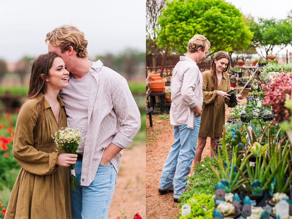 Couple shopping at a flower farm in the Texas Hill Country in the rain. Photo taken by Dripping Springs TX based Lydia Teague Photography. 