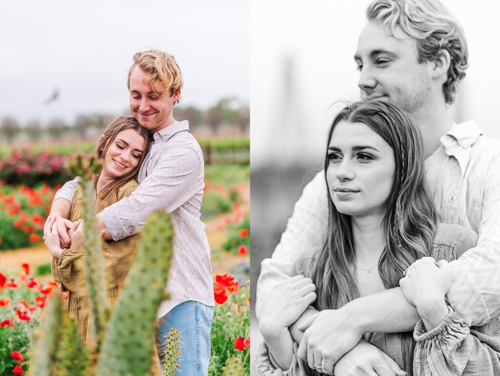 Young Texas Couple embracing at a Flower Farm in the Hill Country during a rainy day. Photo taken by Dripping Springs TX based Lydia Teague Photography. 